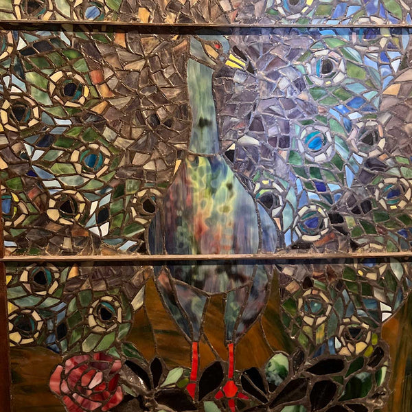 Vintage Stained and Leaded Glass Peacock Window, after Tiffany Studios