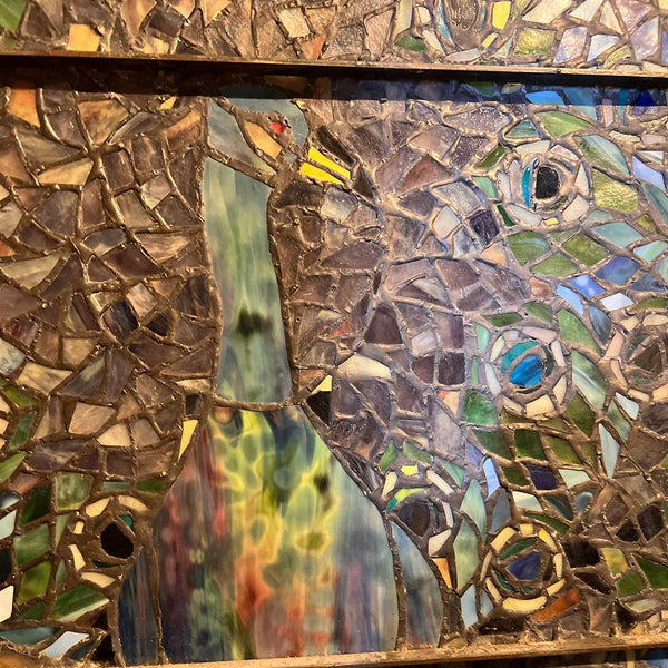 Vintage Stained and Leaded Glass Peacock Window, after Tiffany Studios