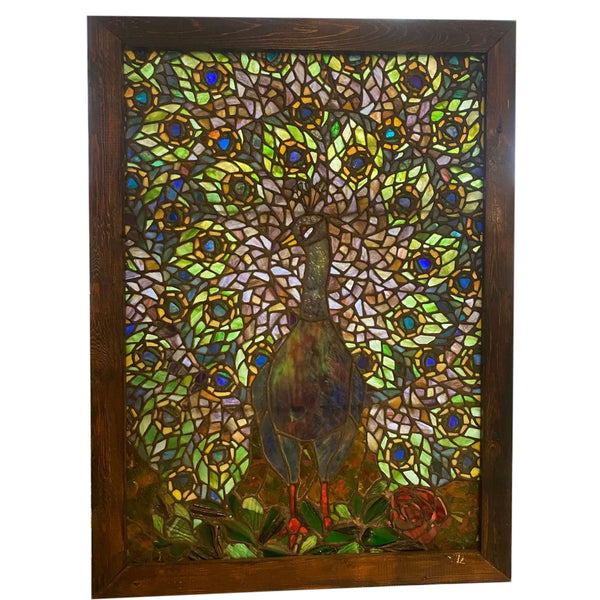 Vintage Stained and Leaded Glass Peacock Window, after Louis Comfort Tiffany