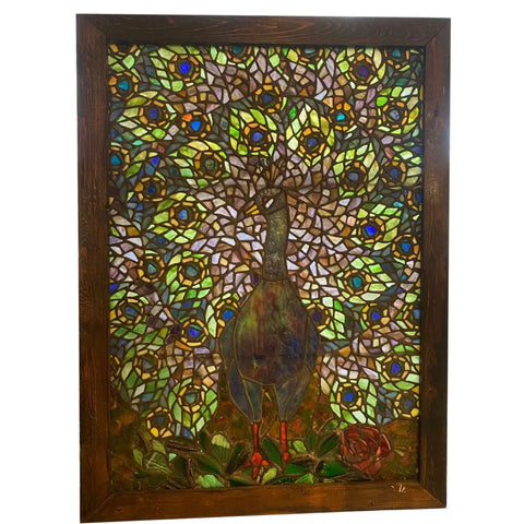 Vintage Stained and Leaded Glass Peacock Window, after Louis Comfort Tiffany