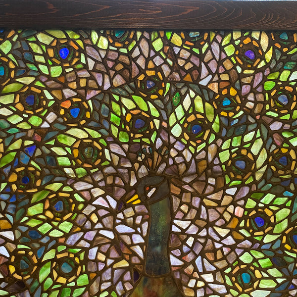 Vintage Stained and Leaded Glass Peacock Window, after Louis Comfort Tiffany