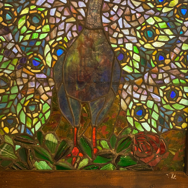Vintage Stained and Leaded Glass Peacock Window, after Louis Comfort Tiffany