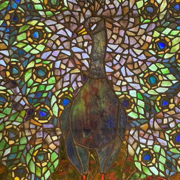Vintage Stained and Leaded Glass Peacock Window, after Louis Comfort Tiffany