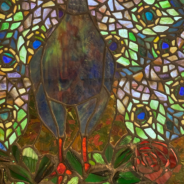 Vintage Stained and Leaded Glass Peacock Window, after Louis Comfort Tiffany