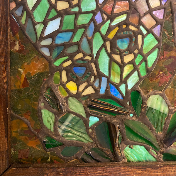 Vintage Stained and Leaded Glass Peacock Window, after Louis Comfort Tiffany