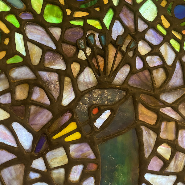 Vintage Stained and Leaded Glass Peacock Window, after Louis Comfort Tiffany
