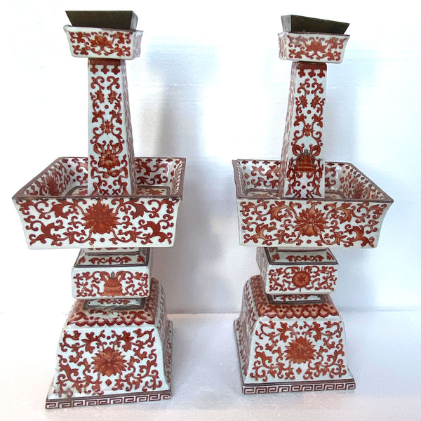 Pair Chinese Qing Porcelain Coral Red Bajixiang Candlesticks