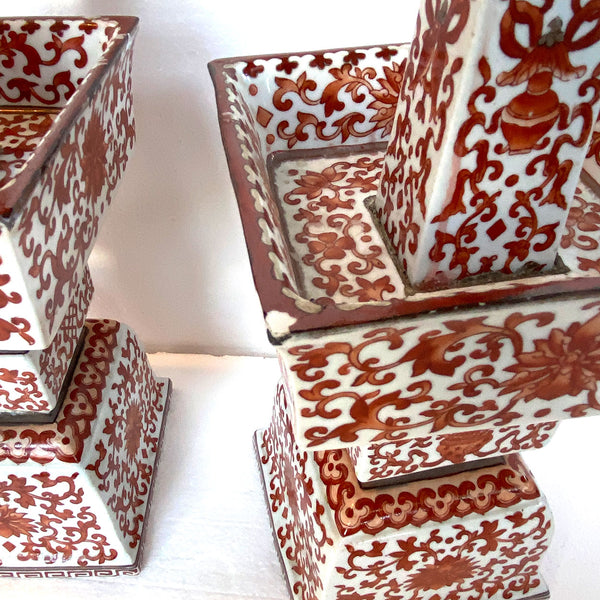 Pair Chinese Qing Porcelain Coral Red Bajixiang Candlesticks