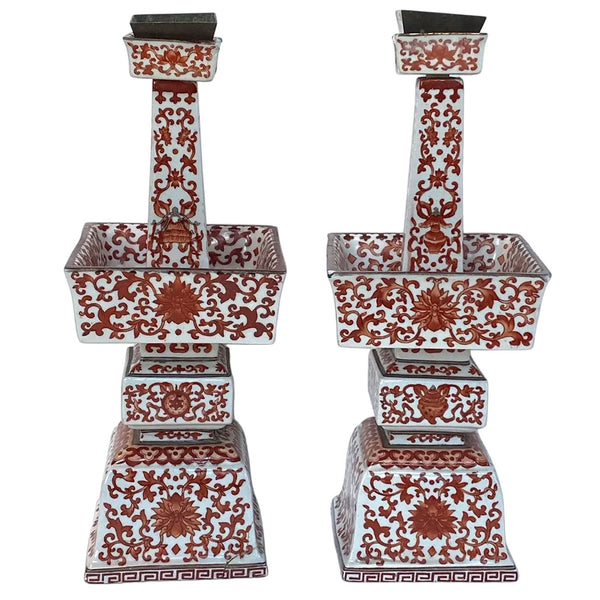 Pair Chinese Qing Porcelain Coral Red Bajixiang Candlesticks