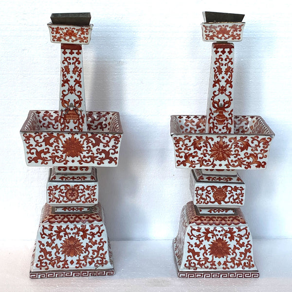 Pair Chinese Qing Porcelain Coral Red Bajixiang Candlesticks