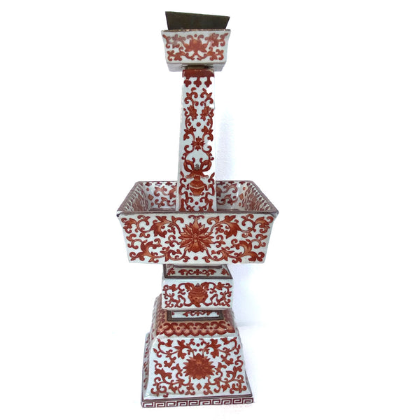 Pair Chinese Qing Porcelain Coral Red Bajixiang Candlesticks