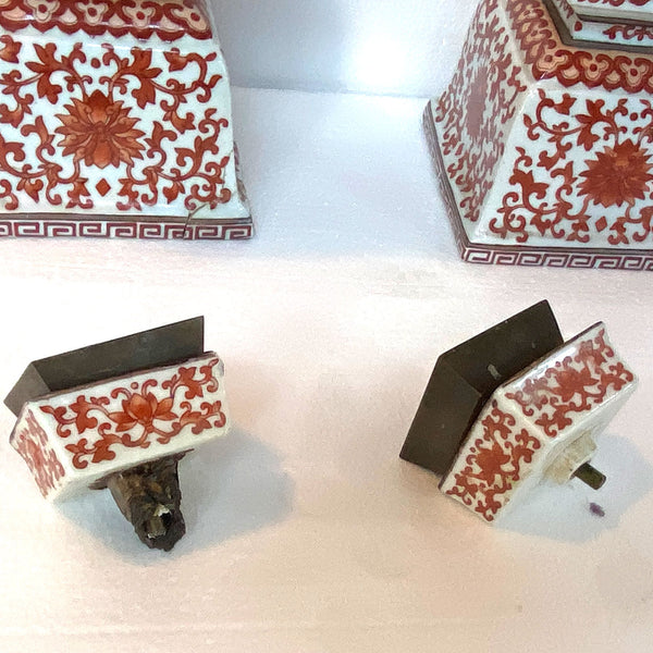 Pair Chinese Qing Porcelain Coral Red Bajixiang Candlesticks