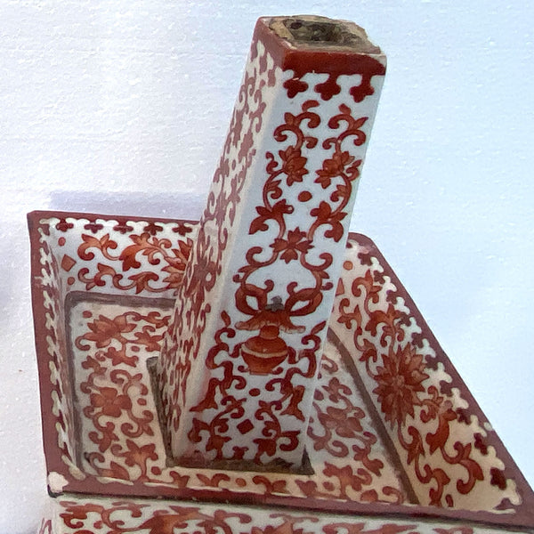 Pair Chinese Qing Porcelain Coral Red Bajixiang Candlesticks