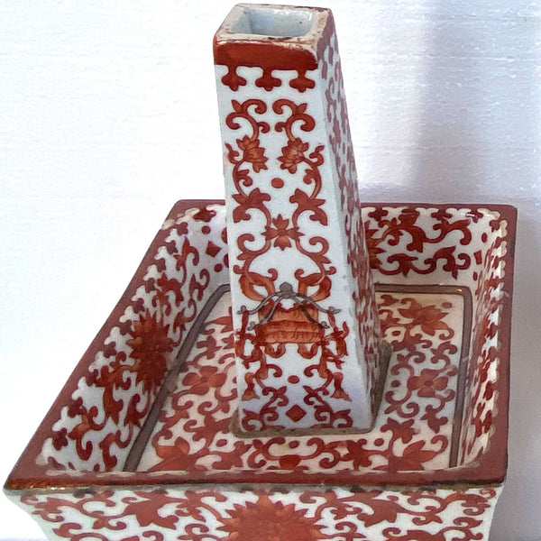 Pair Chinese Qing Porcelain Coral Red Bajixiang Candlesticks