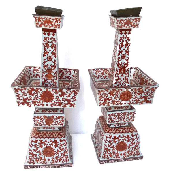 Pair Chinese Qing Porcelain Coral Red Bajixiang Candlesticks