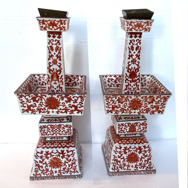 Pair Chinese Qing Porcelain Coral Red Bajixiang Candlesticks