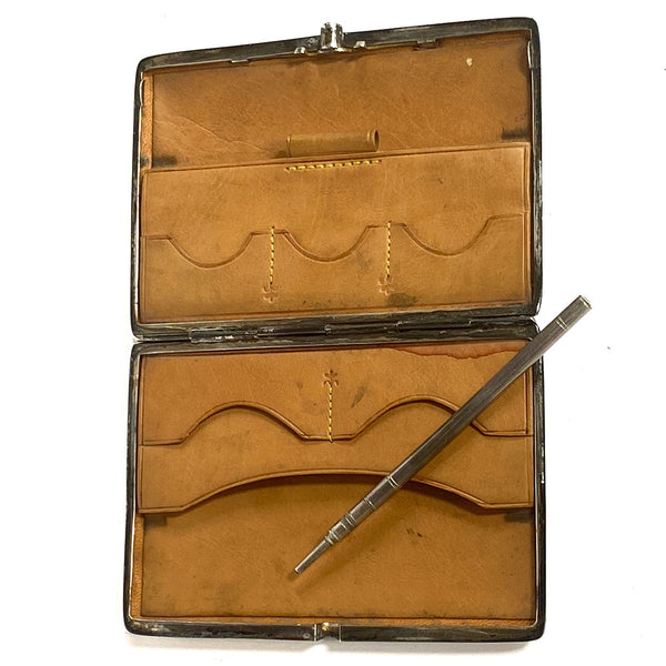 English Sterling Silver Leather Lined Aide-Memoire Notebook Case