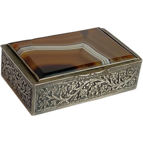Indian Kashmiri Chased Silver Agate Lid Snuff Box