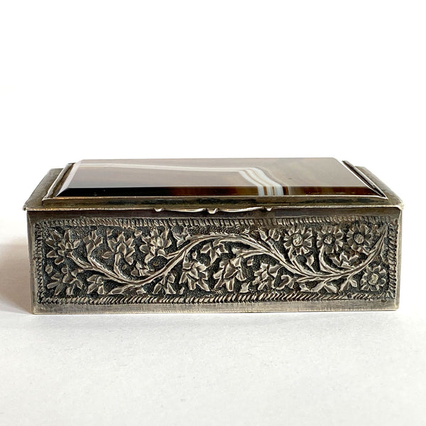 Indian Kashmiri Chased Silver Agate Lid Snuff Box