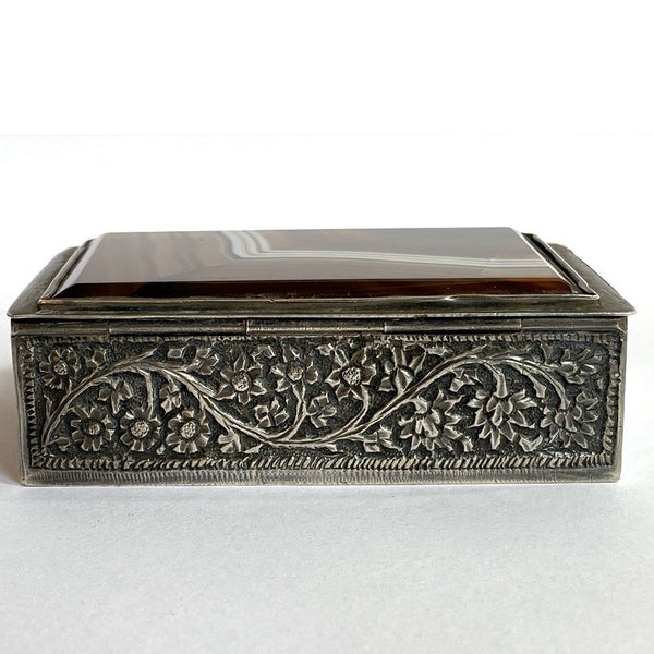 Indian Kashmiri Chased Silver Agate Lid Snuff Box