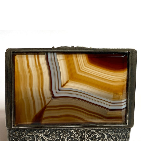 Indian Kashmiri Chased Silver Agate Lid Snuff Box