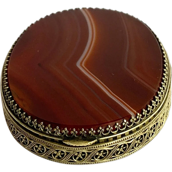 Scottish Brass Filigree Mirrored Agate Snuff / Pill Box