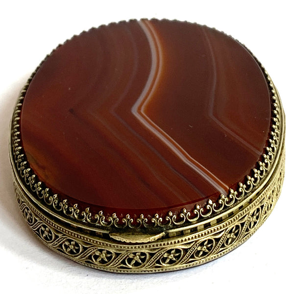 Scottish Brass Filigree Mirrored Agate Snuff / Pill Box