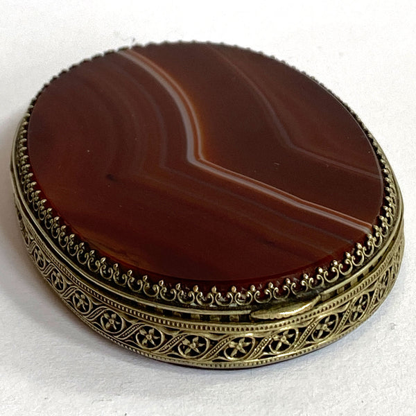 Scottish Brass Filigree Mirrored Agate Snuff / Pill Box