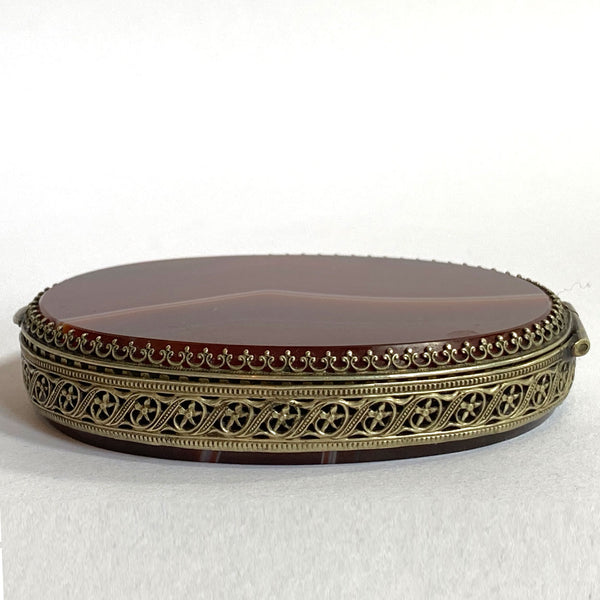 Scottish Brass Filigree Mirrored Agate Snuff / Pill Box
