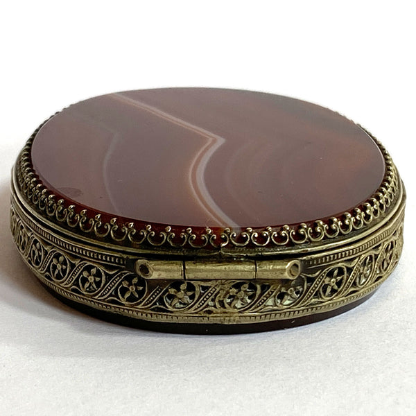 Scottish Brass Filigree Mirrored Agate Snuff / Pill Box