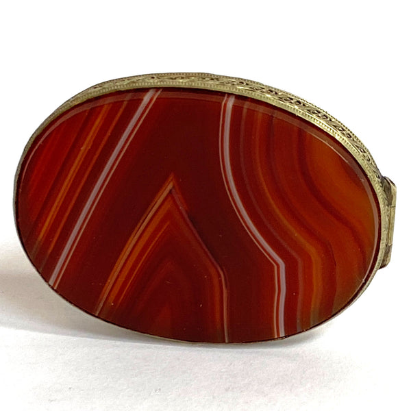 Scottish Brass Filigree Mirrored Agate Snuff / Pill Box
