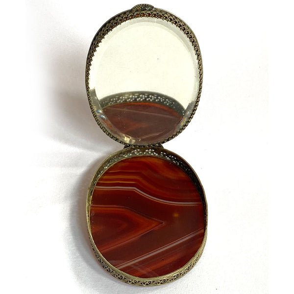 Scottish Brass Filigree Mirrored Agate Snuff / Pill Box