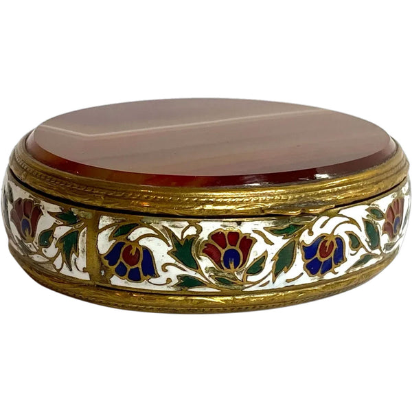 French Gilt Metal Champleve Enamel and Agate Oval Snuff / Pill Box