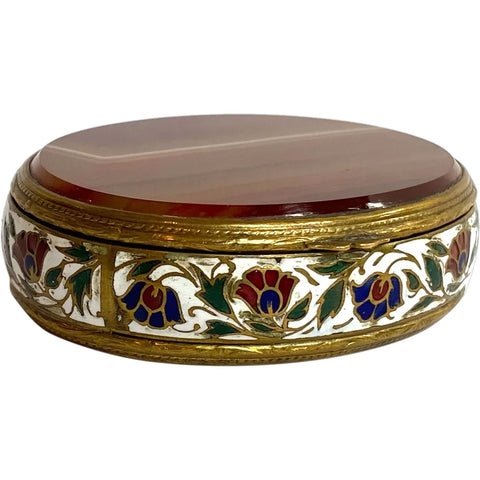 French Gilt Metal Champleve Enamel and Agate Oval Snuff / Pill Box