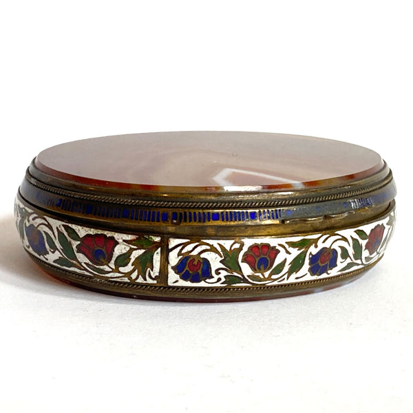 Large French Gilt Metal Champleve Enamel and Agate Oval Snuff Box