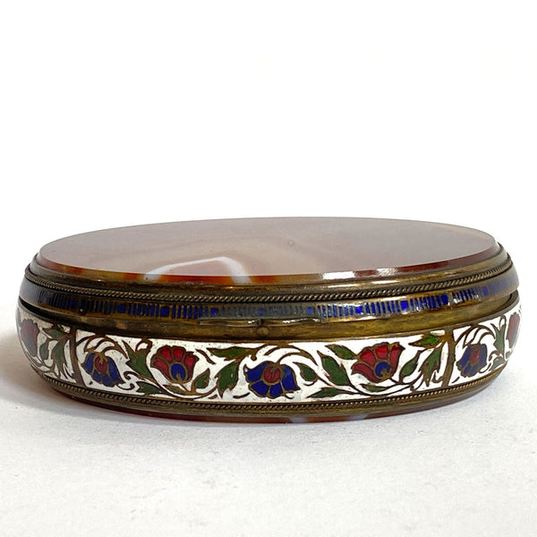 Large French Gilt Metal Champleve Enamel and Agate Oval Snuff Box