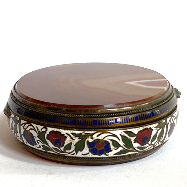 Large French Gilt Metal Champleve Enamel and Agate Oval Snuff Box