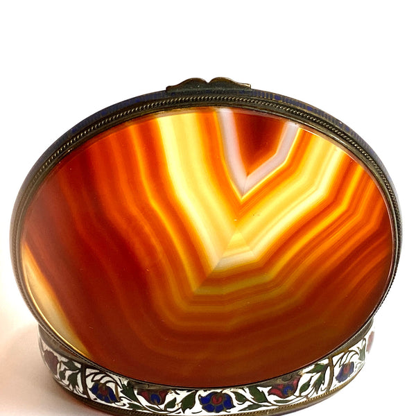 Large French Gilt Metal Champleve Enamel and Agate Oval Snuff Box