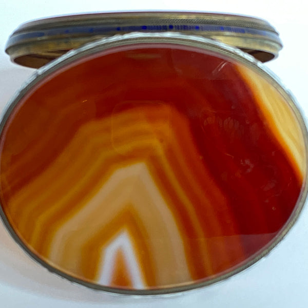 Large French Gilt Metal Champleve Enamel and Agate Oval Snuff Box