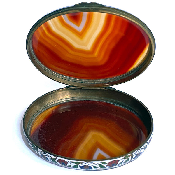 Large French Gilt Metal Champleve Enamel and Agate Oval Snuff Box