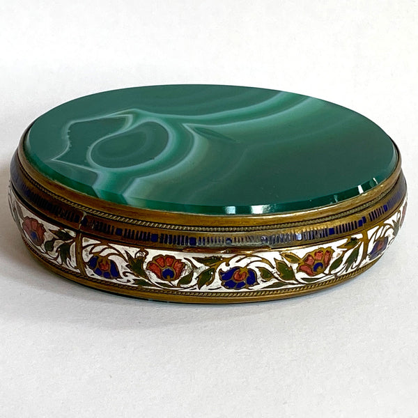 French Gilt Metal Champleve Enamel and Green Agate Snuff or Pill Box
