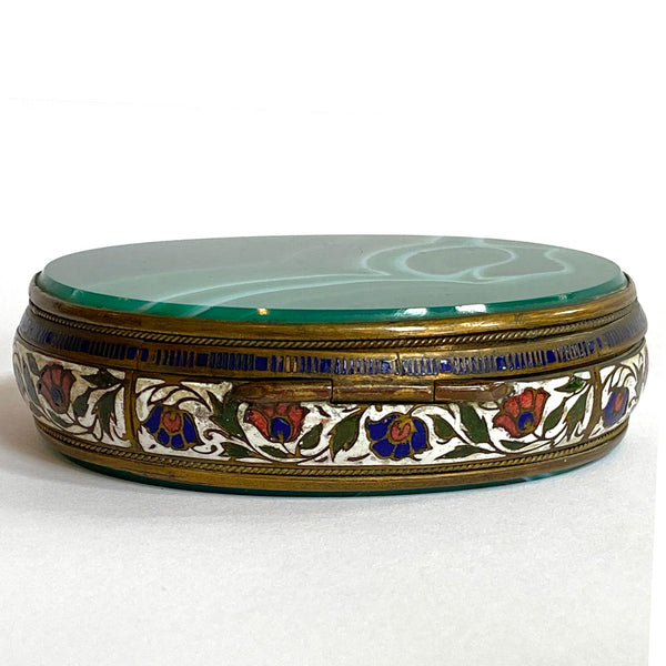 French Gilt Metal Champleve Enamel and Green Agate Snuff or Pill Box