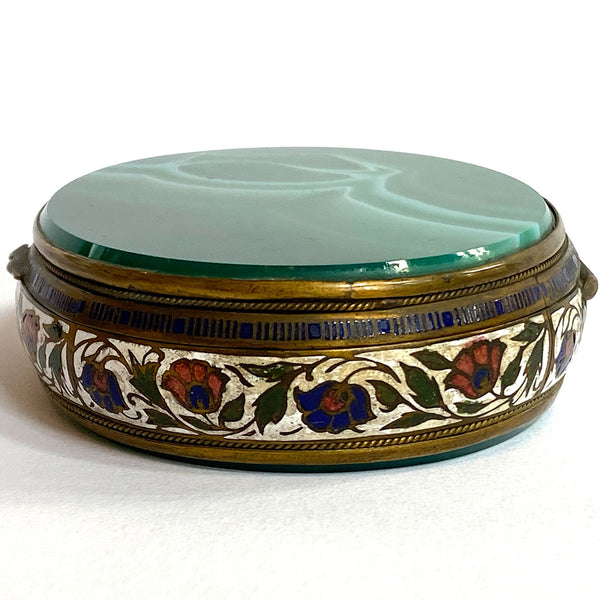 French Gilt Metal Champleve Enamel and Green Agate Snuff or Pill Box