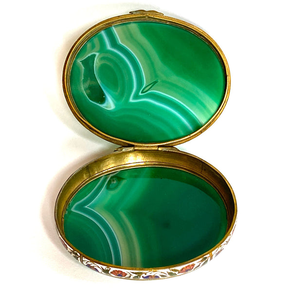 French Gilt Metal Champleve Enamel and Green Agate Snuff or Pill Box