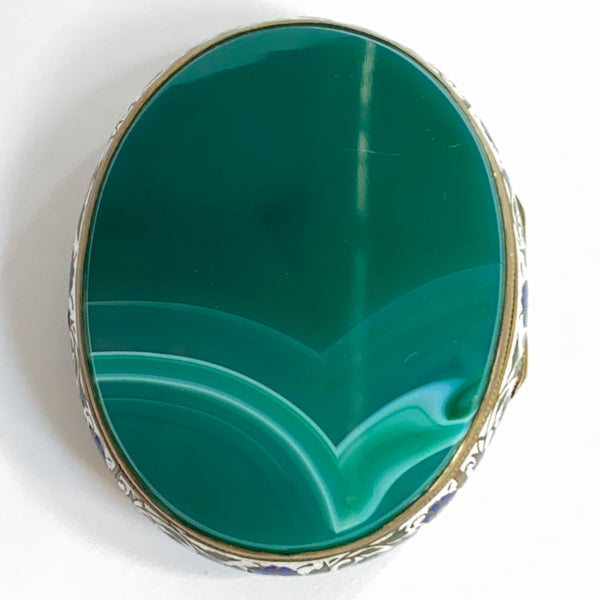 French Gilt Metal Champleve Enamel and Green Agate Snuff or Pill Box