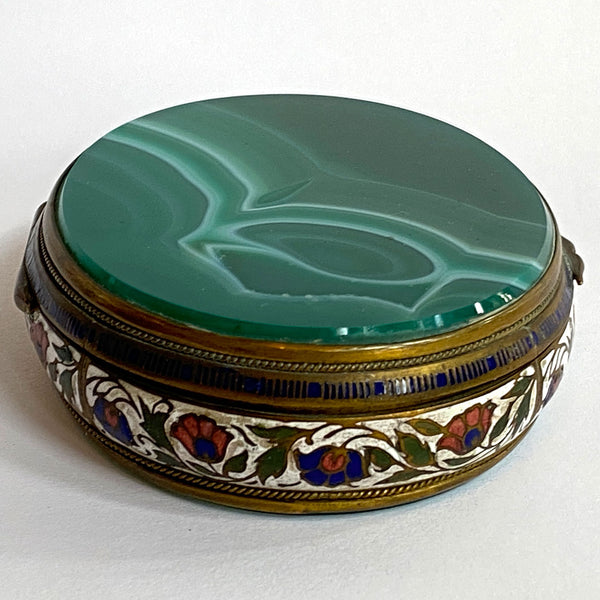 French Gilt Metal Champleve Enamel and Green Agate Snuff or Pill Box