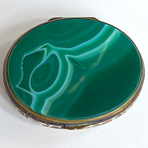French Gilt Metal Champleve Enamel and Green Agate Snuff or Pill Box