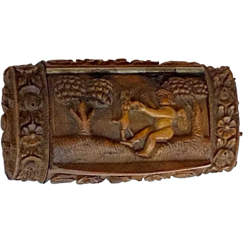 French Folk Art Corozo (Tagua Nut) Carved Cherub with Dog Snuff Box
