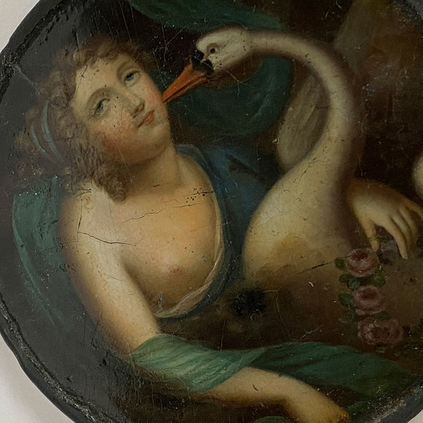 Continental Lacquered and Painted Papier-Mache Snuff Box, Leda and the Swan