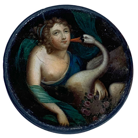 Continental Lacquered and Painted Papier-Mache Snuff Box, Leda and the Swan